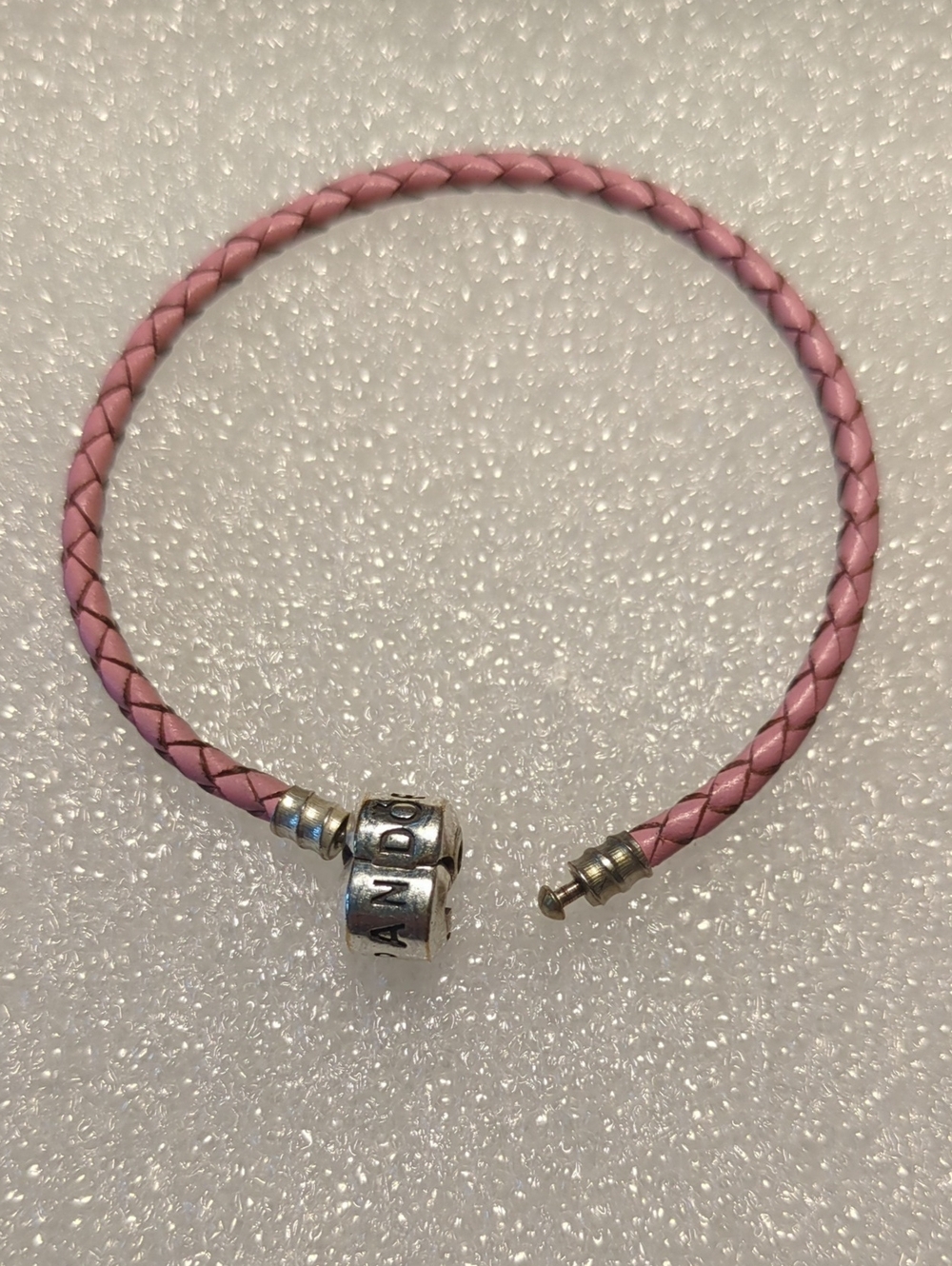 Pandora 7 Inch Pink Braided Leather Bracelet with Silver Pandora Clasp